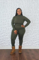 2 Pc Mock Neck Set-Olive Green