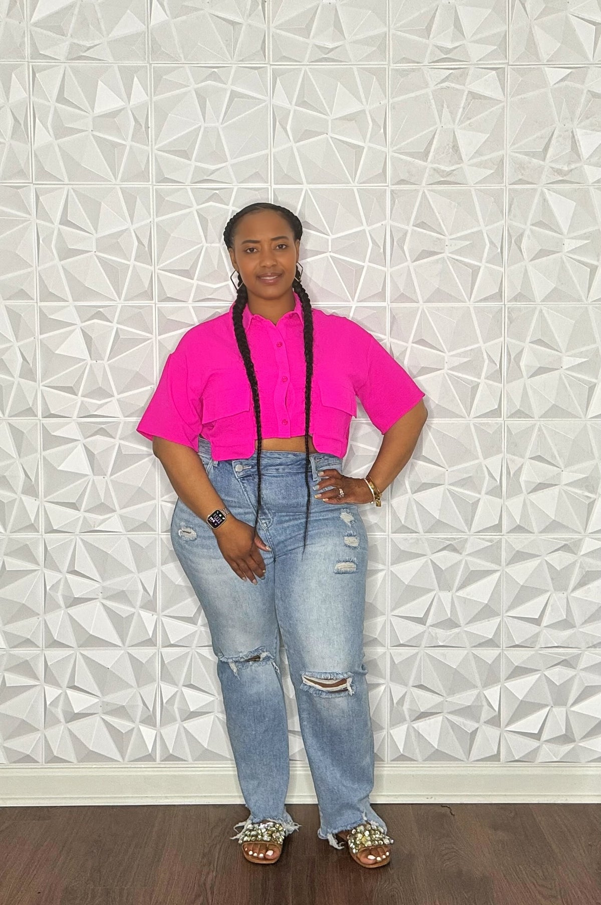 Oversized Pocket Crop Top-Fuchsia