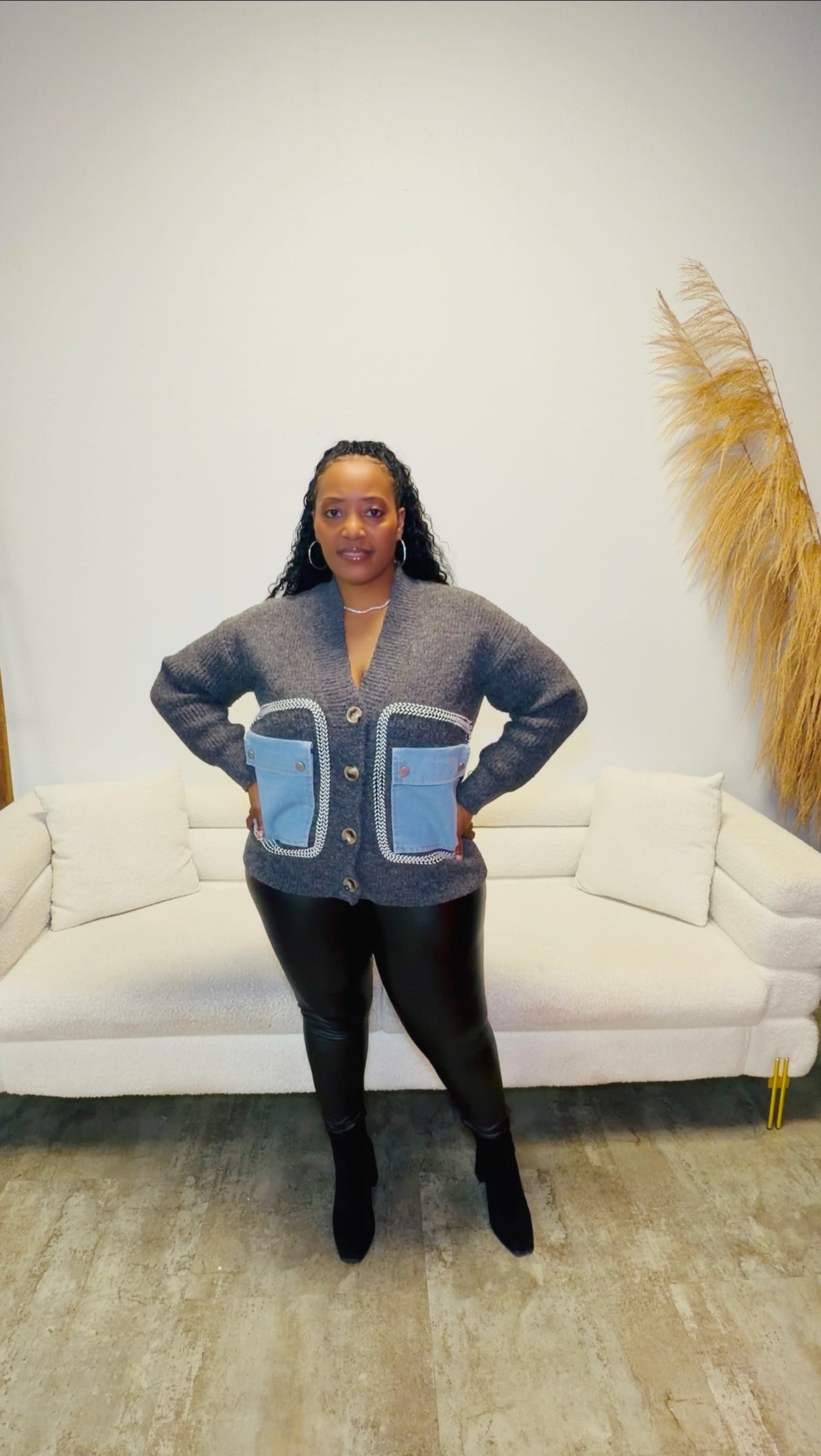 Cardigan Sweater w/ Denim Pockets-Grey
