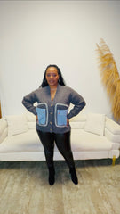 Cardigan Sweater w/ Denim Pockets-Grey
