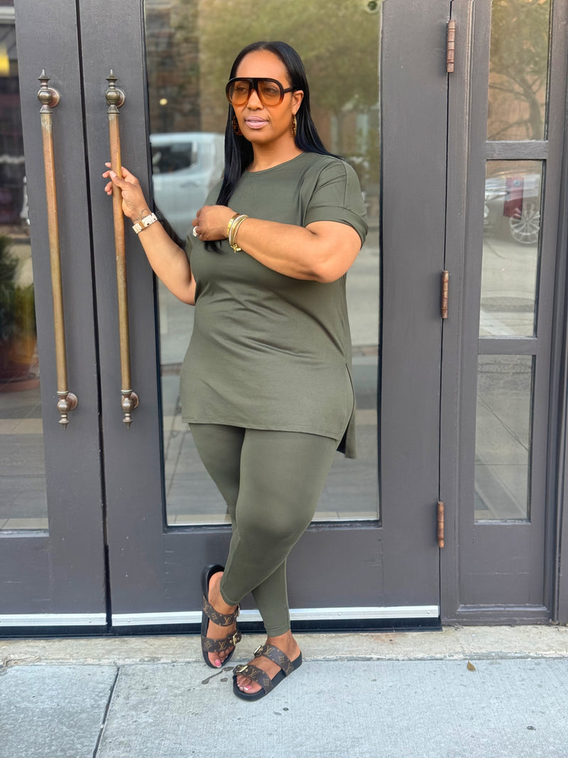 2 Pc Round Neck Legging Set-Dark Olive