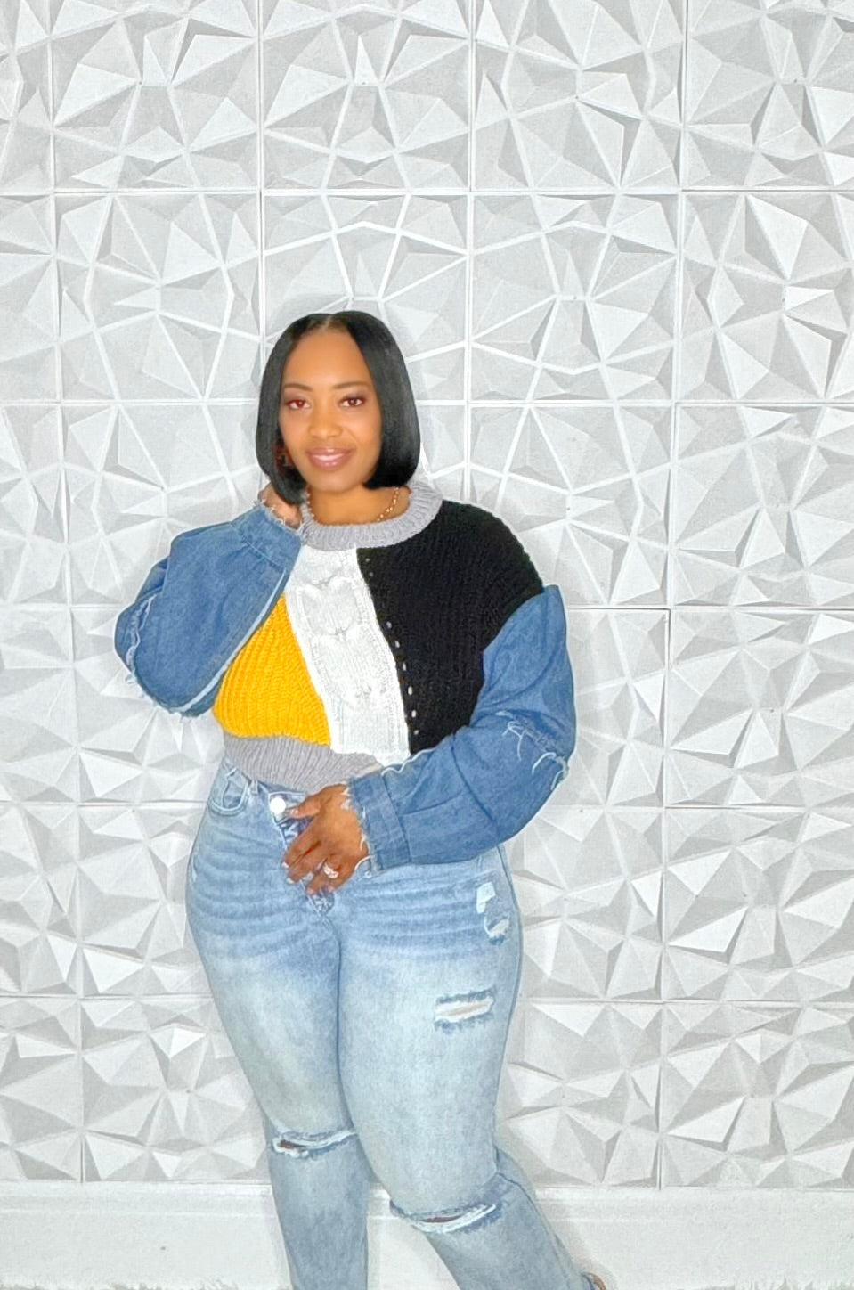 Oversized Mustard Sweater w/ Denim Sleeves