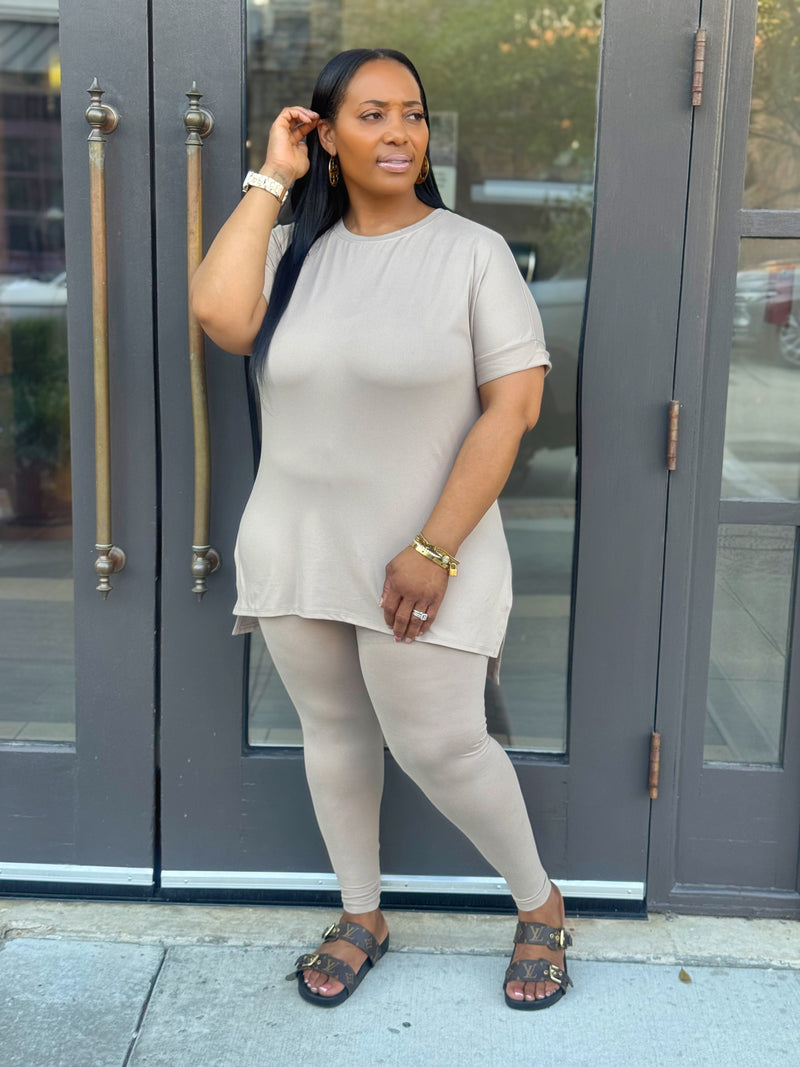 2 Pc Round Neck Legging Set-Light Mocha