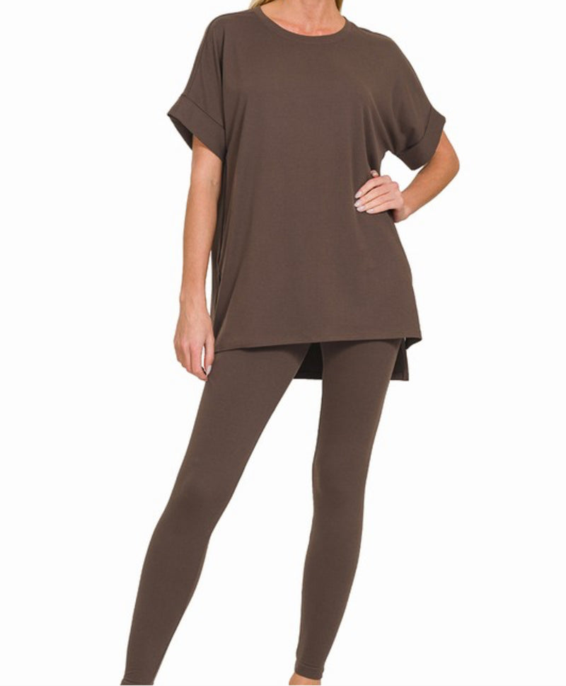 2 pc Round Neck Legging Set (Brown)